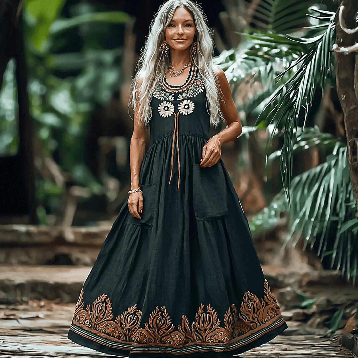 Women's Elegant Bohemian Floral Sleeveless Linen Maxi Dress