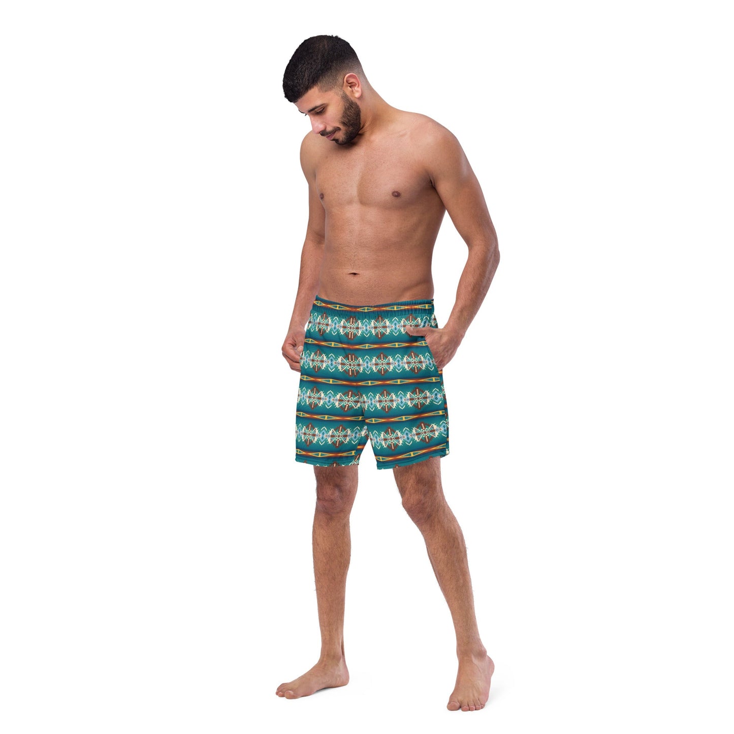 Yeehaw Teal Aztec Blanket Print Mens Swim Shorts