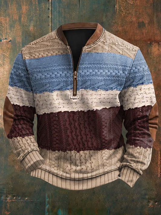 Men's Retro Colorblock Braid Pattern Print Casual Pullover