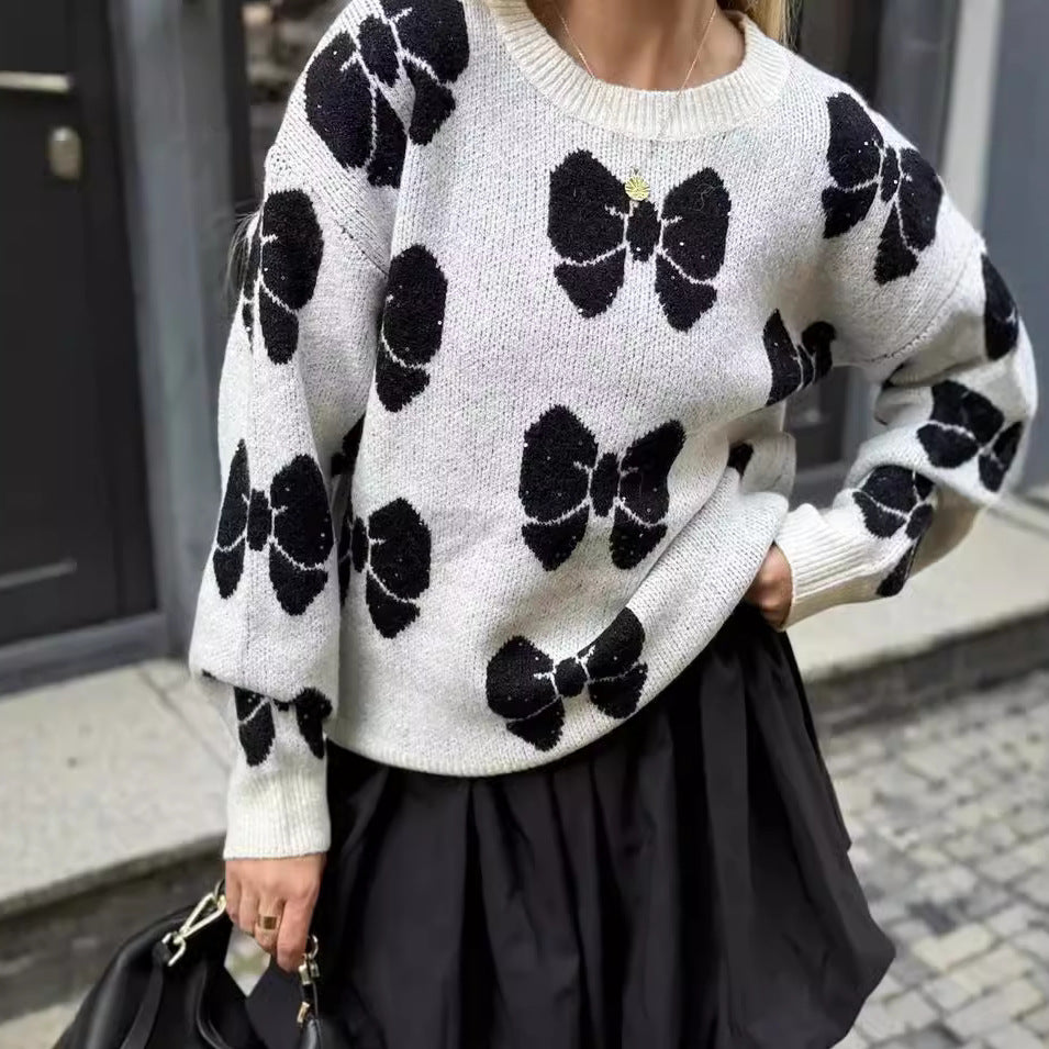 Printed Butterfly Round Neck Sweater Pullover Loose Casual Women's Sweater