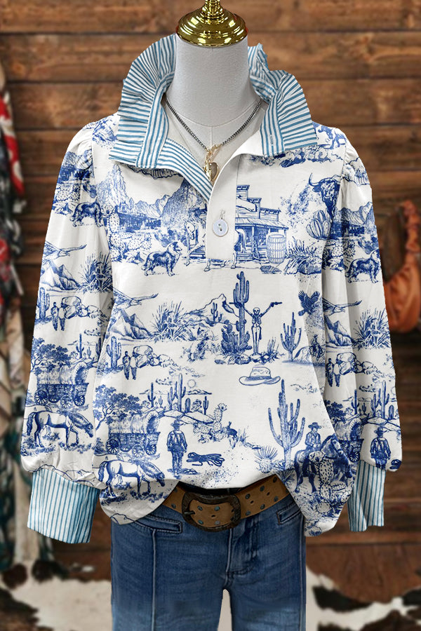 Classic Western Cowboy Cactus Print Puff Sleeve Blouse