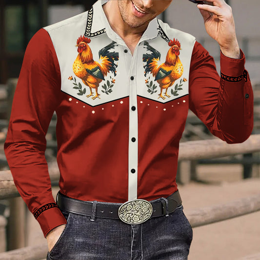 Men's Western Cowboy Western Farm Rooster Fun Pattern Print Long Sleeve Shirt