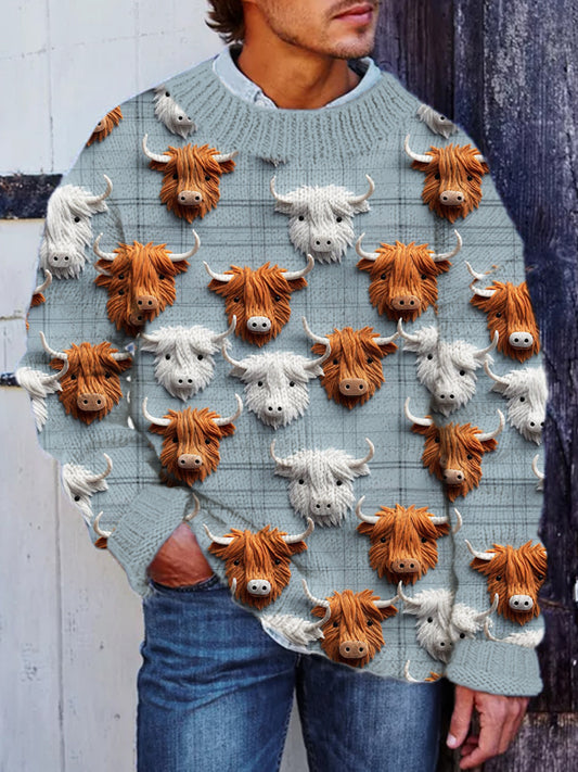 Cowboy Cows Print Men's Cozy Crew Neck Sweater