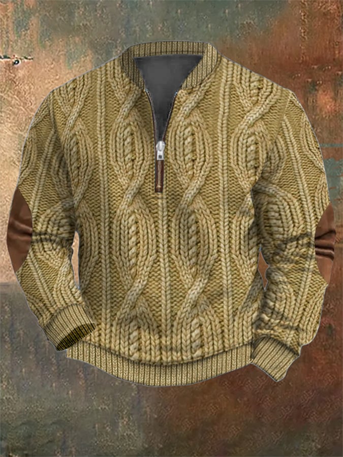 Men's Vintage Knit Print Zip-Up Sweatshirt