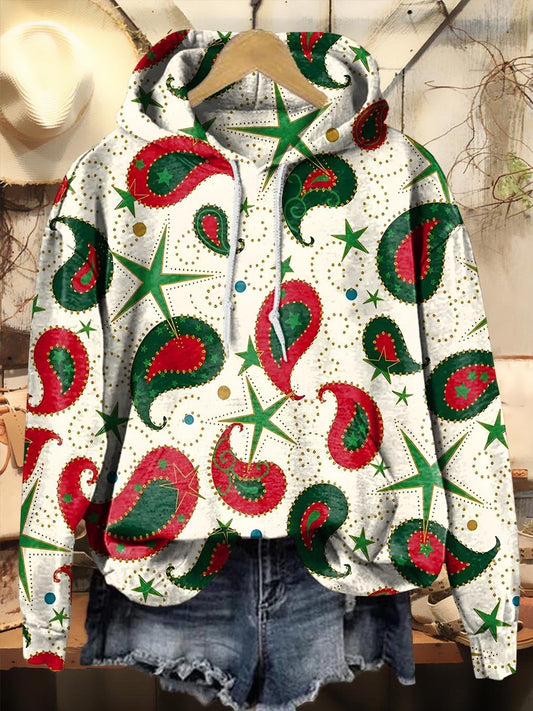 Vintage Christmas Match Colors Paisley Flowers Print Casual Hoodie Sweatshirt