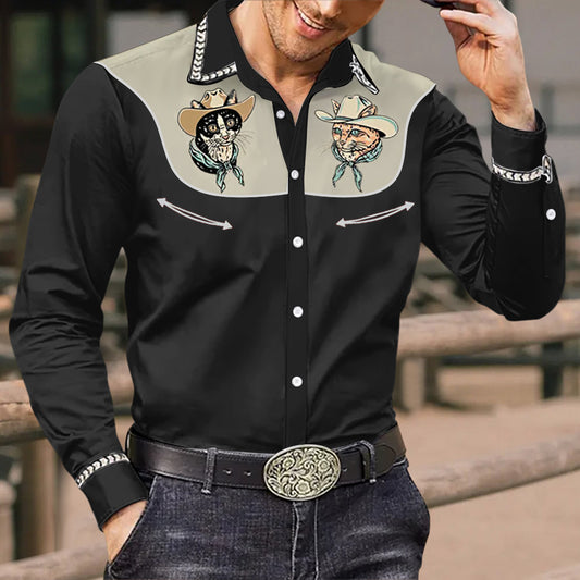 Men's Vintage Western Cowboy Cat Print Long Sleeve Shirt