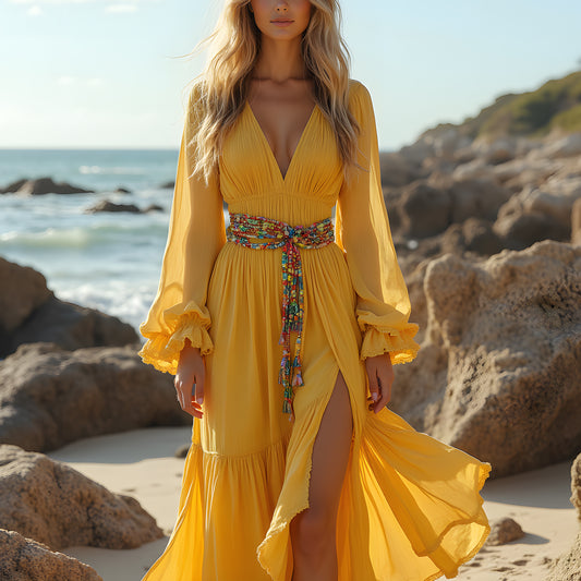 Women's New Casual Beach Holiday Style Chiffon Long-sleeved Dress