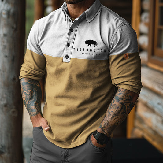 Men's Polo Shirt Stripe Vintage Yellowstone Colorblock Design Long Sleeve Lapel T-Shirt Casual Fit Cotton Tops