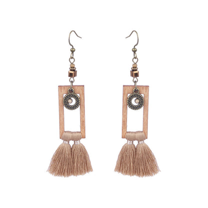 Women's Bohemian Retro Geometric Round Wooden Bead Earrings