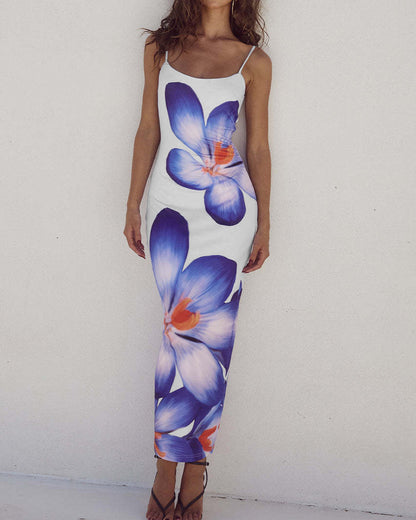 Strappy Floral Print Slim Long Dress