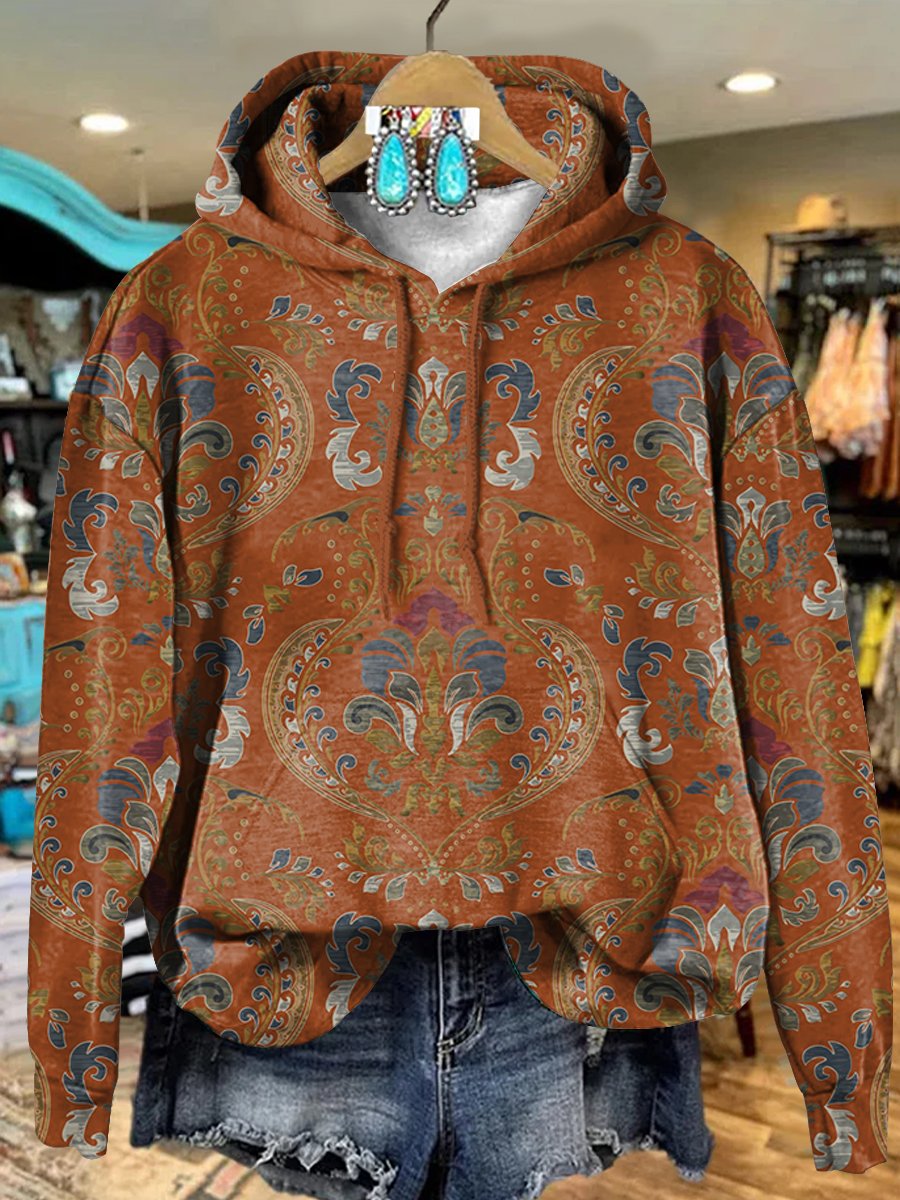 Retro Orange Paisley Pattern Art Print Casual Hoodie Sweatshirt