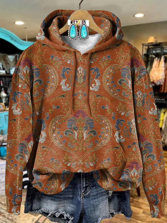 Retro Orange Paisley Pattern Art Print Casual Hoodie Sweatshirt