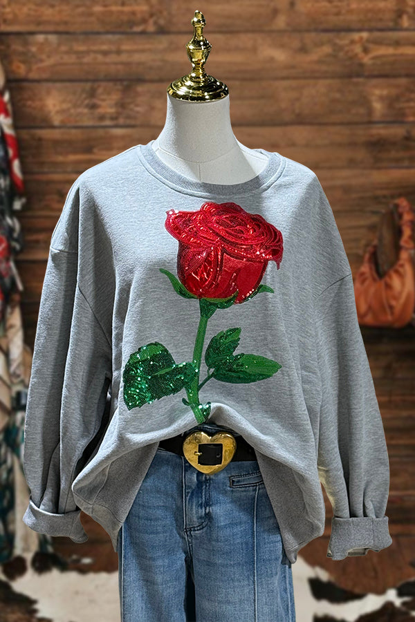 Pretty Rose Floral Sequin Print Sweatshirt