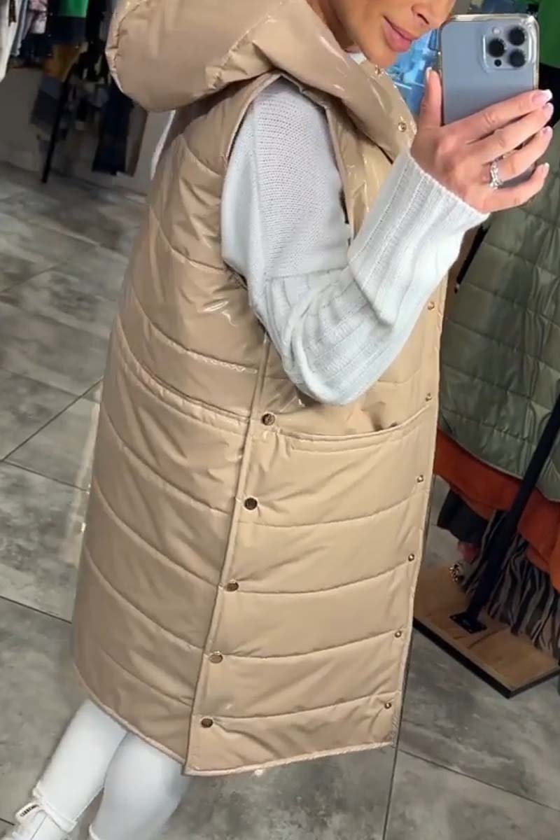 Women's casual side button hooded sleeveless mid-length cotton coat