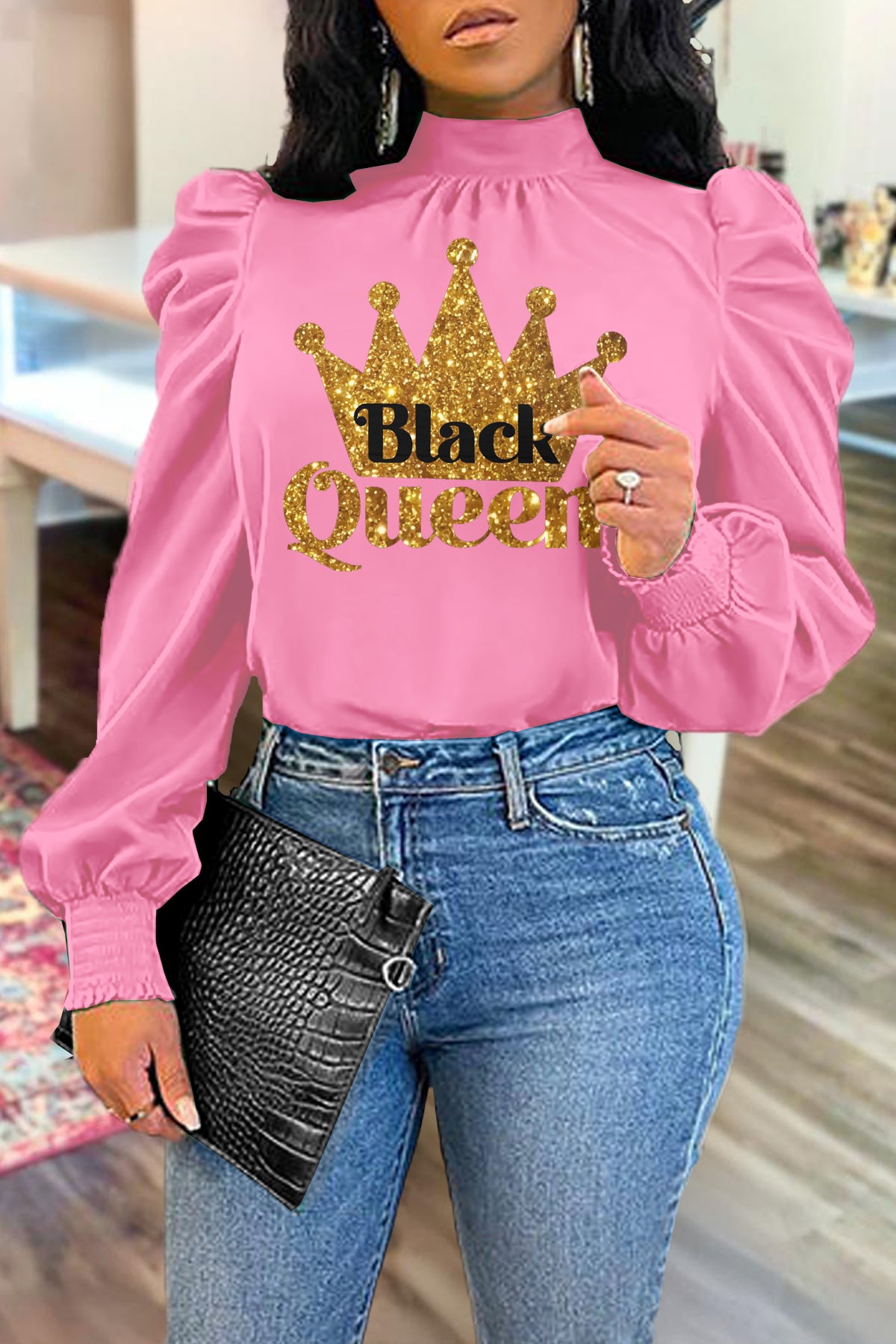 Black Queen Print Puff Sleeve Blouse