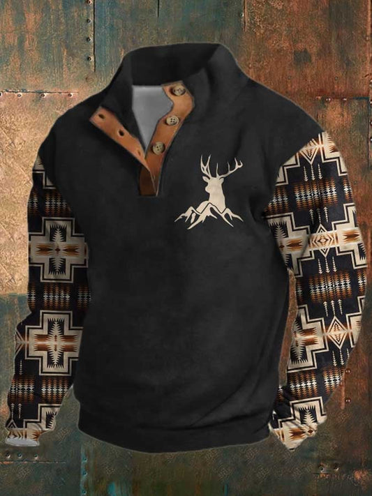 Men's Western Vintage Print Stand Collar Button Sweatshirt