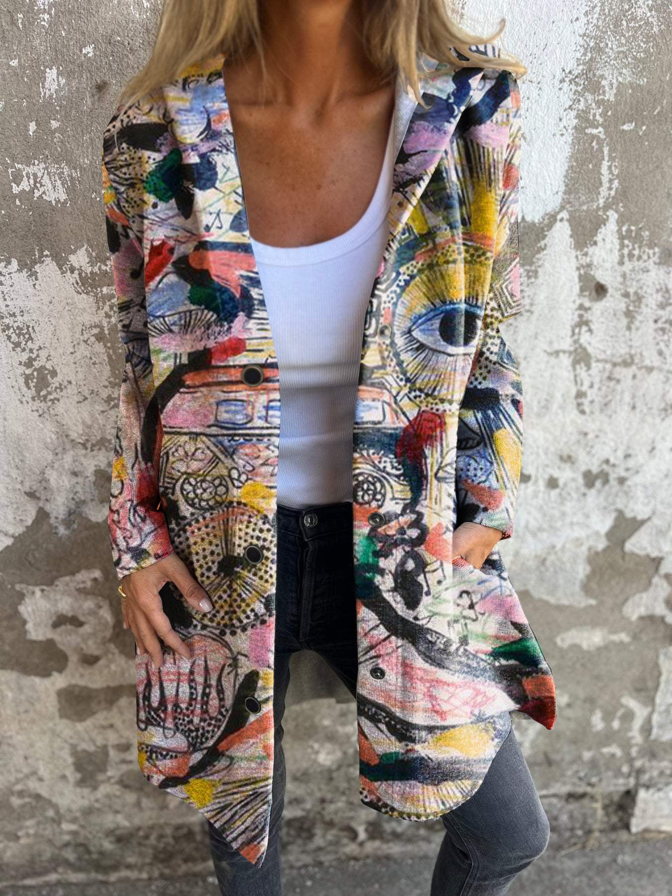 Retro Psychedelic Print Button Hooded Jacket