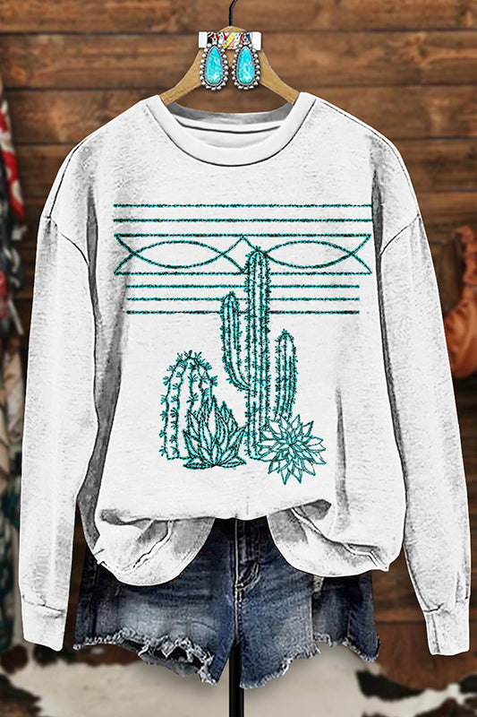 Vintage Western Boots Stitched Cactus Print Sweatshirt