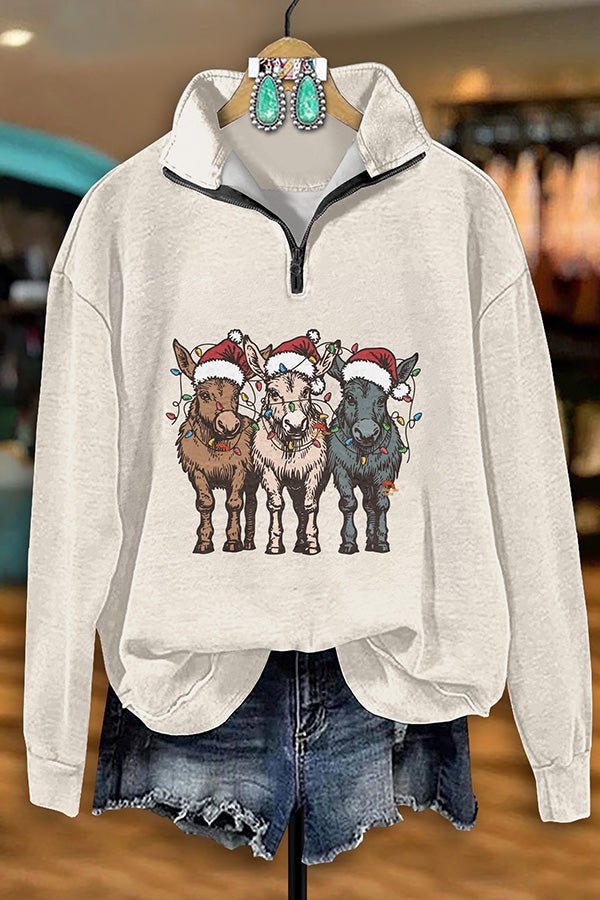 Vintage Western Cow Christmas Print Zip-Up Sweatshirt