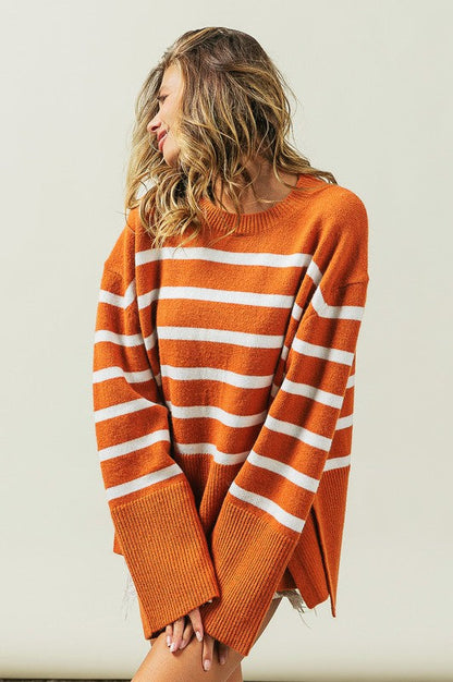 Ribbed Hem Stripe Sweater Rust or Black