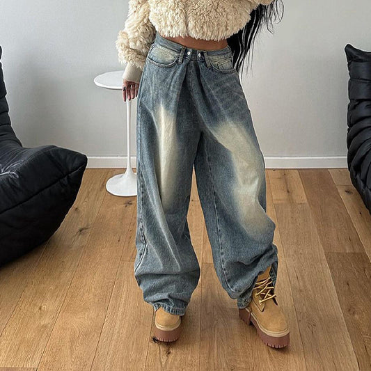 Low-rise Distressed Washed Wide-leg Jeans