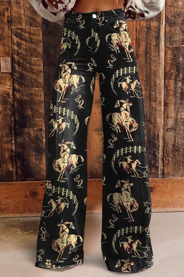 Vintage Printed Casual Wide Leg Pants