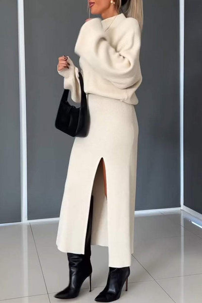 Women's High Collar Long Sleeve Sweater Skirt Two Piece Suit