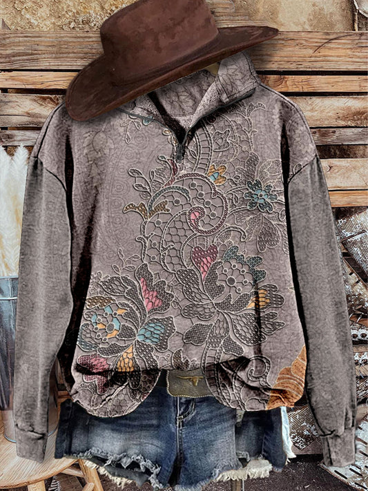 Vintage Floral Art Print Casual Long Sleeve Zip Sweatshirt