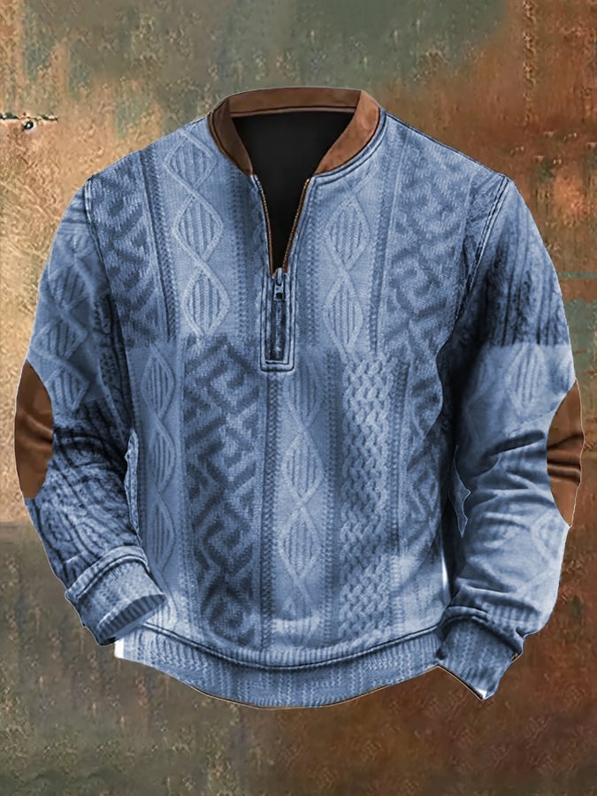 Men's Vintage Knit Print Zip-Up Sweatshirt