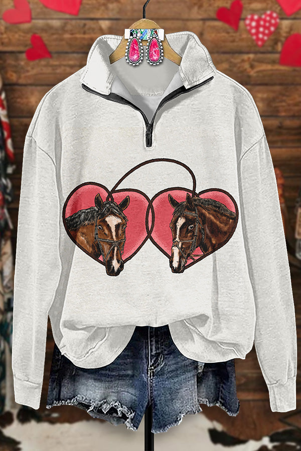 Retro Western Valentine's Day Print Zip-Up Sweatshirt