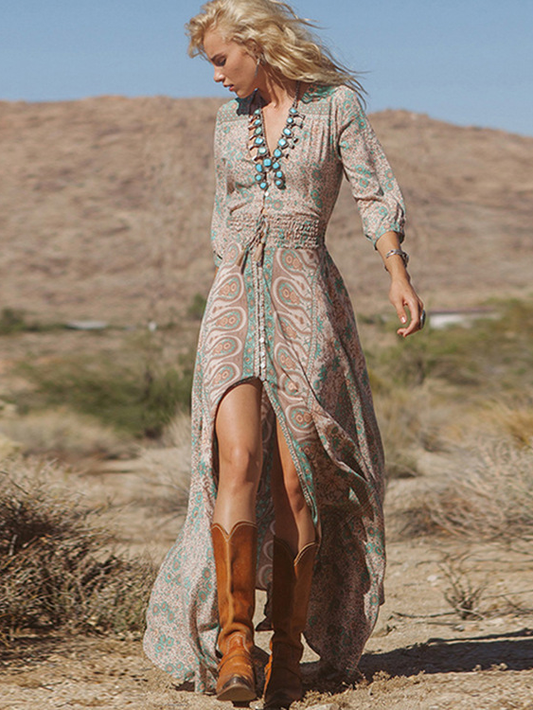 Beautiful Printed V-Neck Long Sleeve Maxi Dress