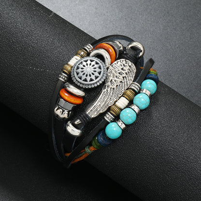 Bohemian Multi-layer Beaded Cowhide Braided Alloy Feather Leather Bracelet