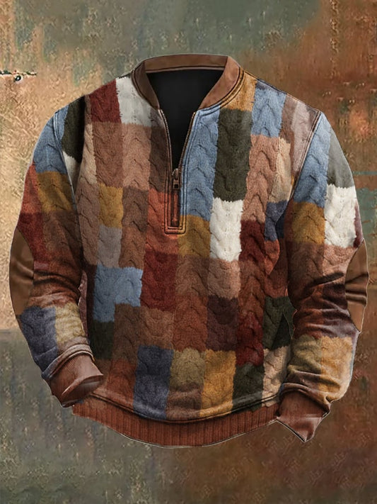 Men's Vintage Knit Print Zip-Up Sweatshirt