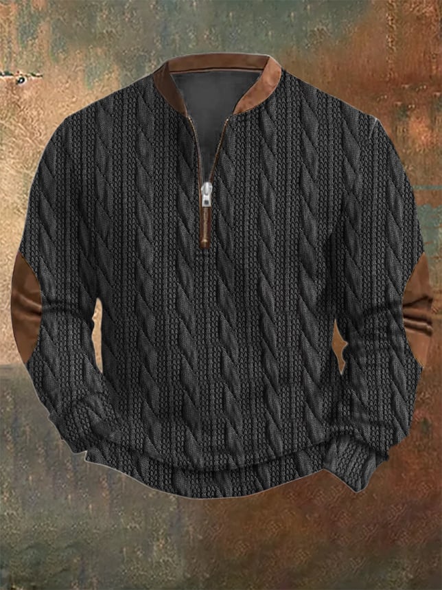 Men's Western Vintage Knitted Patchwork Printed Zip Collar Sweatshirt