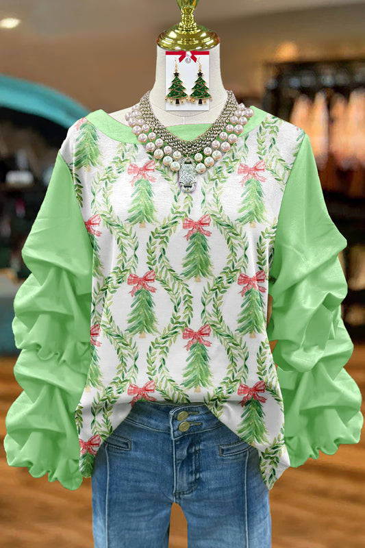 Sweet Christmas Tree Print Pleated Sweatshirt