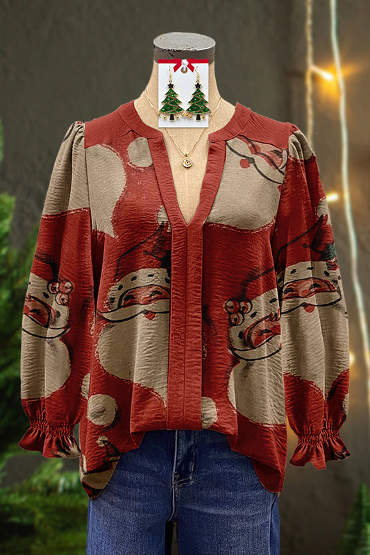 Vintage Santa Claus Print V-Neck Long Sleeve Blouse