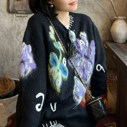 Retro Jacquard Knitted Flower Sweater