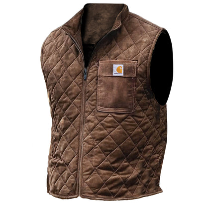 Men's Vintage Pocket Suede Quilted Zip Vest Outdoor Motorcycle Stand Collar Vest Jacket