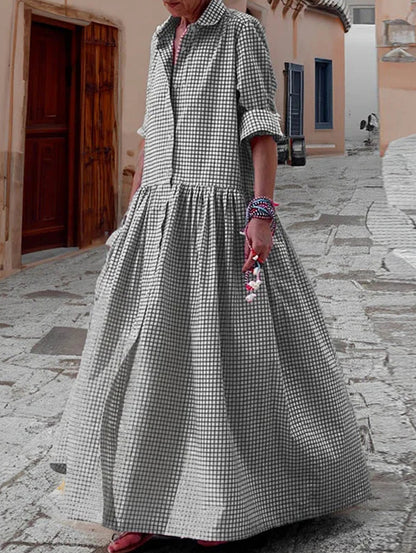 Plaid Button Lapel Collar A-Line Loose Casual Maxi Dress