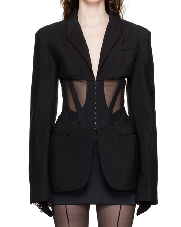 Casual Herringbone Waist Mesh Splicing See-Through Small Suit