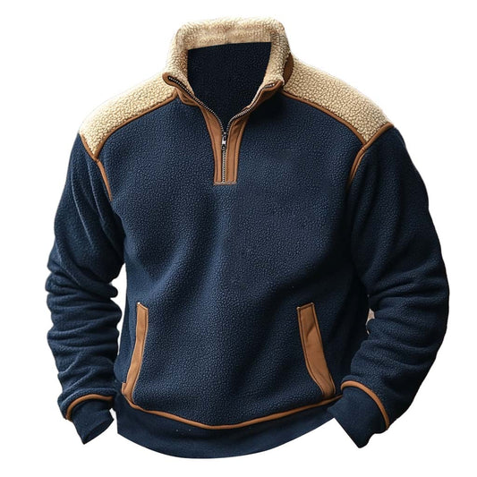 Men's Vintage Fleece Color Block Stand Collar Quarter Zip Sweatshirt