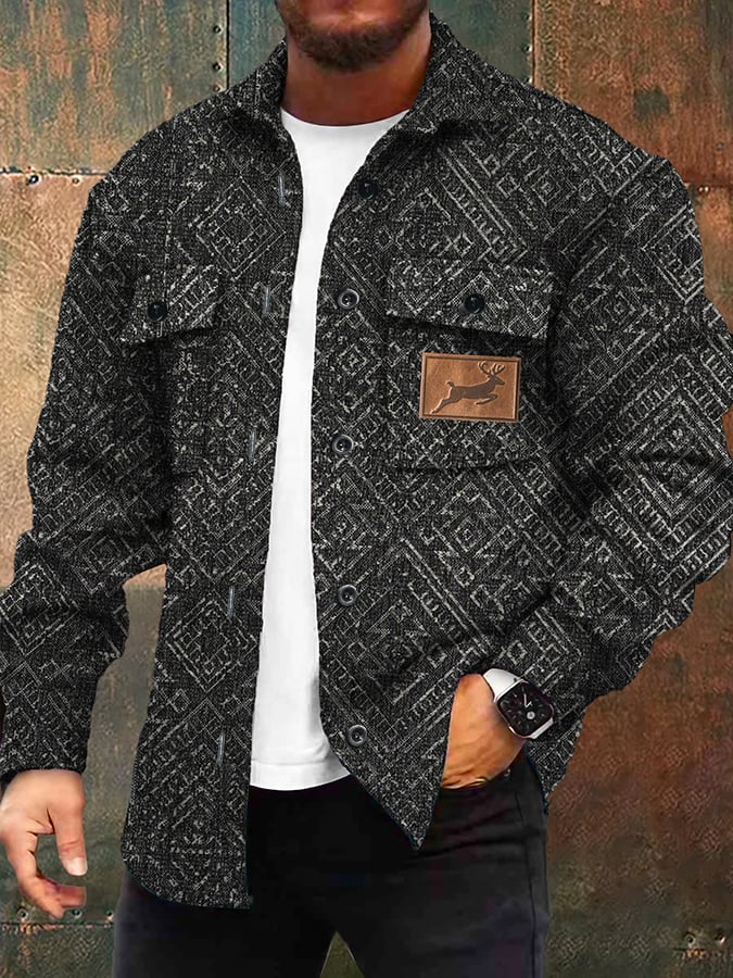 Men's Vintage Textured Western Elk Print Loose Casual Lapel Jacket