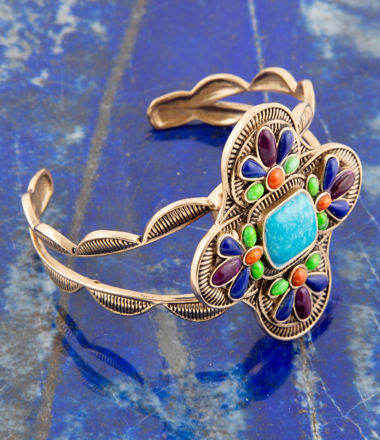 Zion Blue Turquoise Multi-Stone Golden Cuff Bracelet