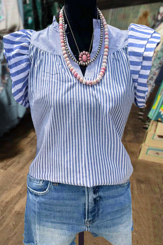 Striped V-Neck Ruffle Sleeve Top