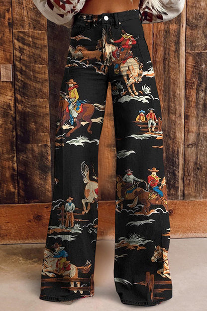 Vintage Western Print Flared Trousers