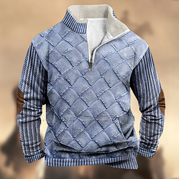 Men's Vintage Western Knit Print Zipper Stand Collar Kangaroo Pocket Casual Sweatshirt