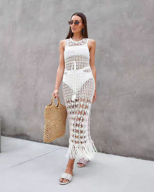 Hollow Knitted Tassel Sexy Dress Beach Bikini Cover-up Vacation Swimsuit Long Skirt