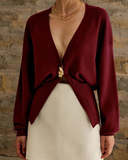 Temperament Solid Color V Neck Long Sleeve Cardigan