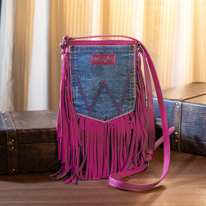 Wrangler Leather Fringe Jean Denim Pocket Crossbody