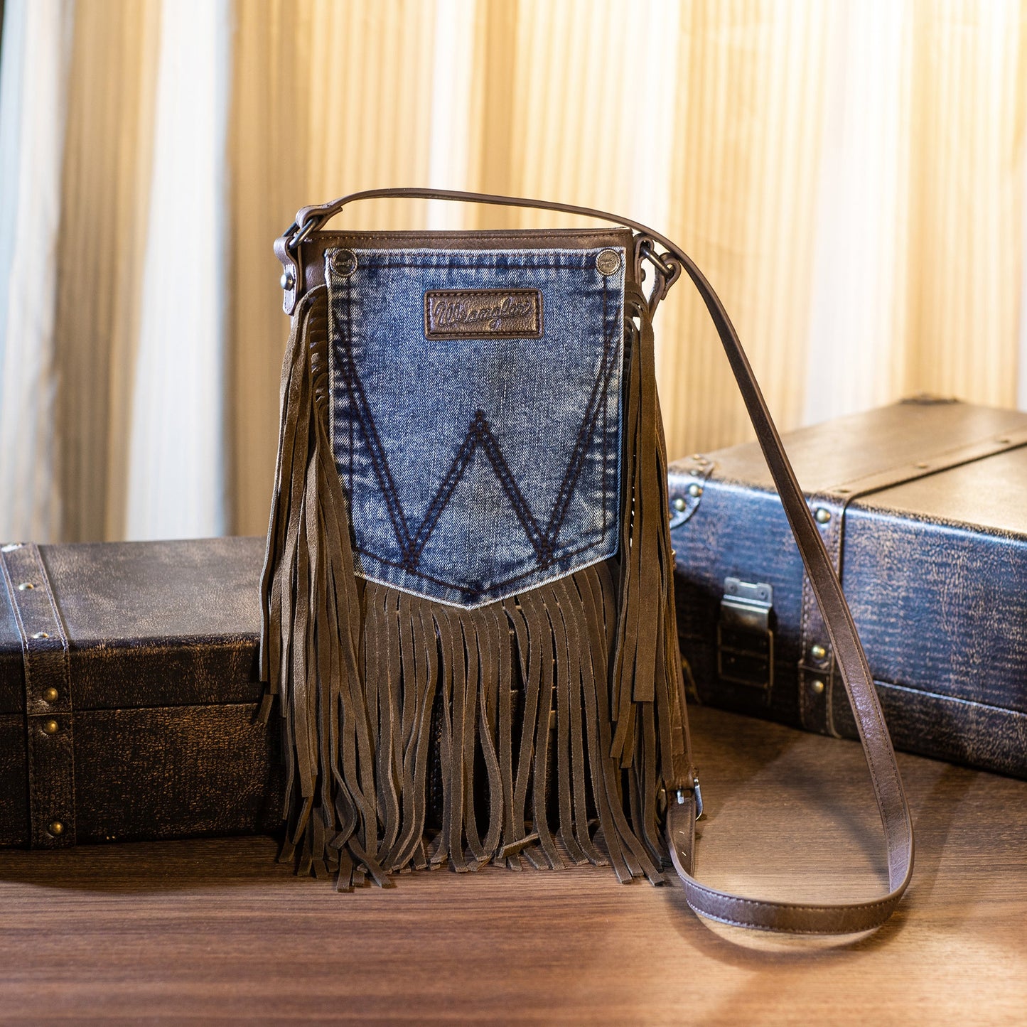 Wrangler Leather Fringe Jean Denim Pocket Crossbody